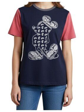 Disney T-shirt Mickey Mouse Black White Outline Red Sleeves Sz L